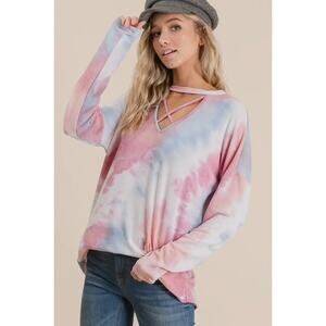 Lovely Melody - Tie Dry French Terry Top with Criss - Blush/Blue